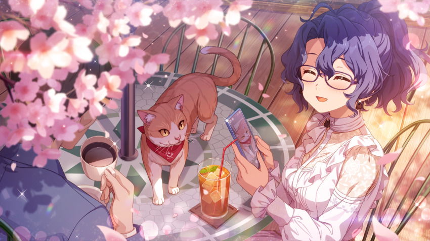 bandana bandana_around_neck blue_hair buttons cat cellphone chair cherry_blossoms closed_eyes coaster cup drinking_glass drinking_straw earrings game_cg glasses holding idolmaster idolmaster_million_live! idolmaster_million_live!_theater_days jewelry mug official_art open_mouth phone plate ponytail smartphone sparkle table toyokawa_fuka wooden_floor