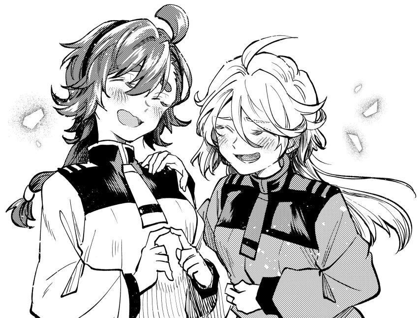 2girls absurdres ahoge asticassia_school_uniform black_hairband blush breasts closed_eyes gundam gundam_suisei_no_majo hair_between_eyes hair_tie hairband hand_on_another&#039;s_shoulder highres index_fingers_together jacket kudou_makoto laughing long_hair long_sleeves low_ponytail medium_breasts miorine_rembran multiple_girls open_mouth own_hands_together ponytail school_uniform short_hair_with_long_locks smile suletta_mercury thick_eyebrows upper_body white_background white_jacket
