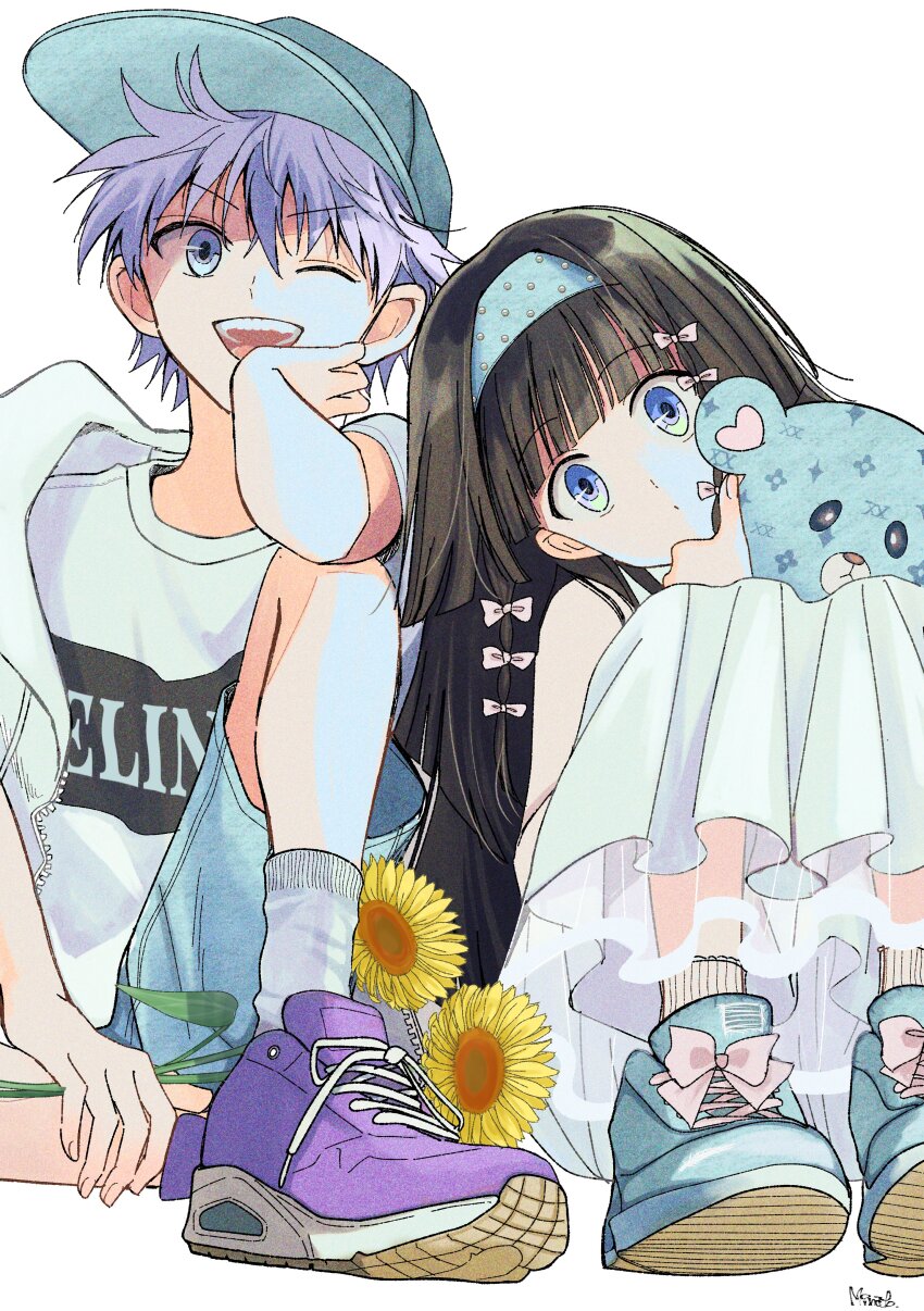 1boy 1girl absurdres alluka_zoldyck baseball_cap black_hair blue_eyes blue_shorts brother_and_sister dress grey_hair hat highres hunter_x_hunter jacket killua_zoldyck long_hair minato_x3710 open_mouth purple_footwear shirt shoes short_hair shorts siblings simple_background sitting smile sneakers stuffed_animal stuffed_toy white_background white_dress white_shirt
