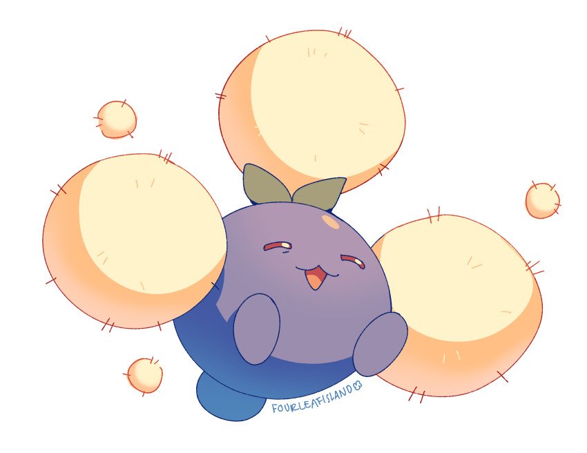 :3 ^_^ absurdres animal_focus artist_name closed_eyes commentary english_commentary fourleafisland full_body gen_2_pokemon highres jumpluff leaf nintendo no_humans open_mouth pokemon pokemon_(creature) simple_background smile solo white_background