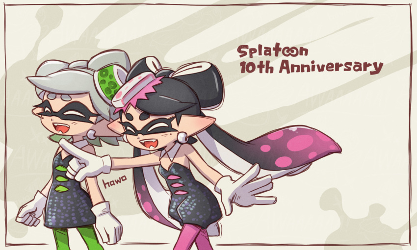 2girls anniversary artist_name bare_shoulders black_dress black_hair black_jumpsuit bow-shaped_hair callie_(splatoon) closed_eyes collar commentary_request copyright_name cowboy_shot detached_collar dress earrings fangs gloves gradient_hair green_hair green_pantyhose grey_hair highres inkling jewelry jumpsuit long_hair marie_(splatoon) medium_hair mole mole_under_eye multicolored_hair multiple_girls nintendo open_mouth outstretched_arm pantyhose pink_hair pink_pantyhose pointing pointy_ears short_jumpsuit smile splatoon_(series) splatoon_1 splatoon_hawo strapless strapless_dress swept_bangs tentacle_hair twintails two-tone_hair very_long_hair white_collar white_gloves