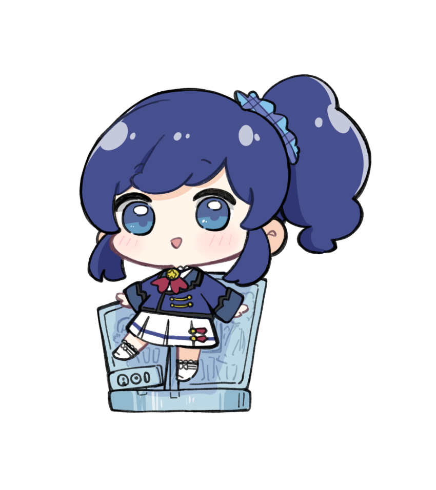 1girl :d aikatsu! aikatsu!_(series) blue_eyes blue_hair blue_jacket blue_scrunchie blush boots chibi full_body hair_ornament hair_scrunchie highres jacket kiriya_aoi long_sleeves looking_at_viewer nozo_(hitomiz) open_mouth plaid_scrunchie pleated_skirt school_uniform scrunchie shirt side_ponytail simple_background skirt sleeves_past_wrists smile solo starlight_academy_school_uniform unmoving_pattern white_background white_boots white_shirt white_skirt
