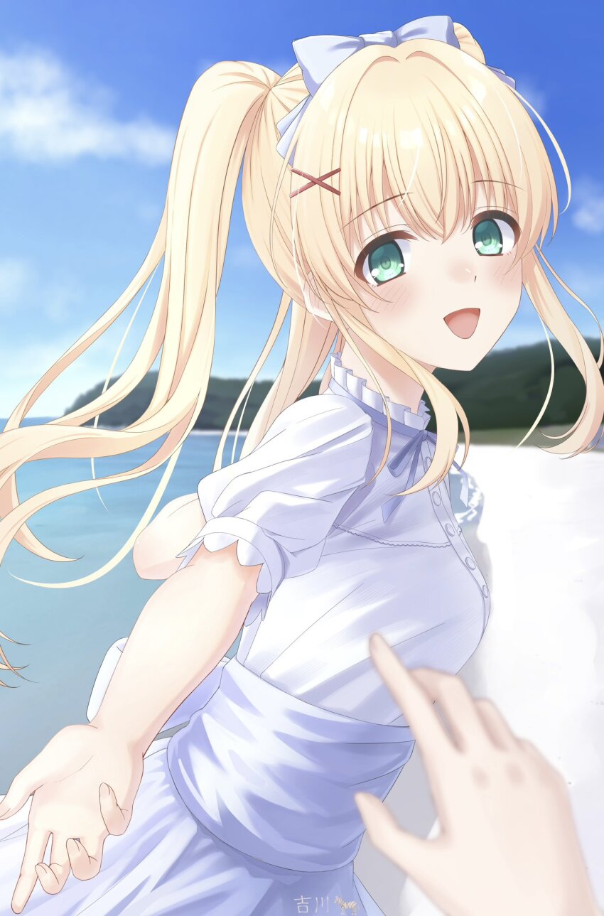 1girl 1other :d back_bow beach blonde_hair blue_bow blue_bowtie blue_skirt blue_sky blurry bow bowtie commentary_request cowboy_shot day depth_of_field floating_hair from_side green_eyes hair_between_eyes hair_bow hair_intakes hair_ornament happy high-waist_skirt highres imminent_hand_holding kimuratamashi long_hair looking_at_viewer ocean open_mouth outdoors pov pov_hands puffy_short_sleeves puffy_sleeves reaching reaching_towards_viewer ringed_eyes shirt short_sleeves sidelocks signature skirt sky smile solo_focus summer_pockets tsumugi_wenders twintails white_shirt x_hair_ornament