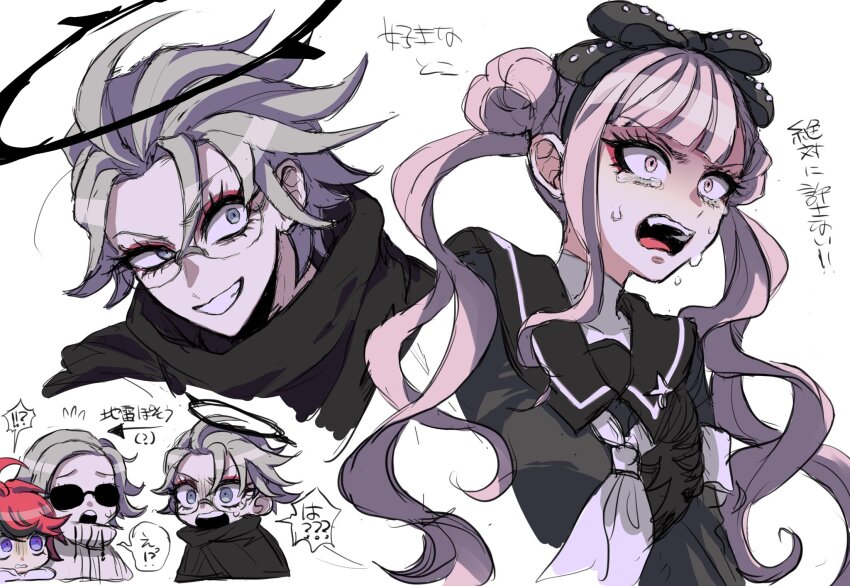 !? 1girl 2boys 2ybnb9agfd2867 ahoge aotsuki_eito armband black_bow black_cape black_hairband black_halo black_sailor_collar black_serafuku blue_eyes bow cape cropped_torso crying crying_with_eyes_open double_bun dual_persona evil_grin evil_smile eyelashes eyeliner glasses grey_eyes grey_hair grin hair_bun hairband halo highres hood hoodie jacket last_defense_academy_school_uniform long_hair looking_at_viewer makeup male_focus multicolored_hair multiple_boys multiple_views neckerchief official_alternate_hairstyle pink_eyes pink_hair red_eyeliner red_hair sailor_collar school_uniform serafuku short_hair sketch smile speech_bubble streaked_hair sumino_takumi sunglasses sweatdrop tears the_hundred_line_-last_defense_academy- tsukumo_kako twintails white_hoodie white_jacket