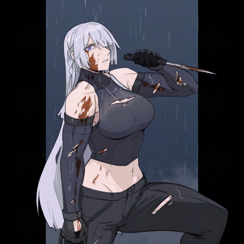 1girl ak-15_(girls&#039;_frontline) artificial_eyes bare_shoulders black_gloves blood blood_on_arm blood_on_body blood_on_clothes blood_on_face bloody_knife breasts collarbone elbow_gloves girls&#039;_frontline gloves hair_over_one_eye highres holding holding_knife holding_weapon kamuify knife large_breasts long_hair looking_at_viewer midriff muscular muscular_female navel outdoors pants partially_shaded_face purple_eyes rain shirt signature solo stomach tight_clothes torn_clothes torn_pants torn_shirt weapon wet white_hair