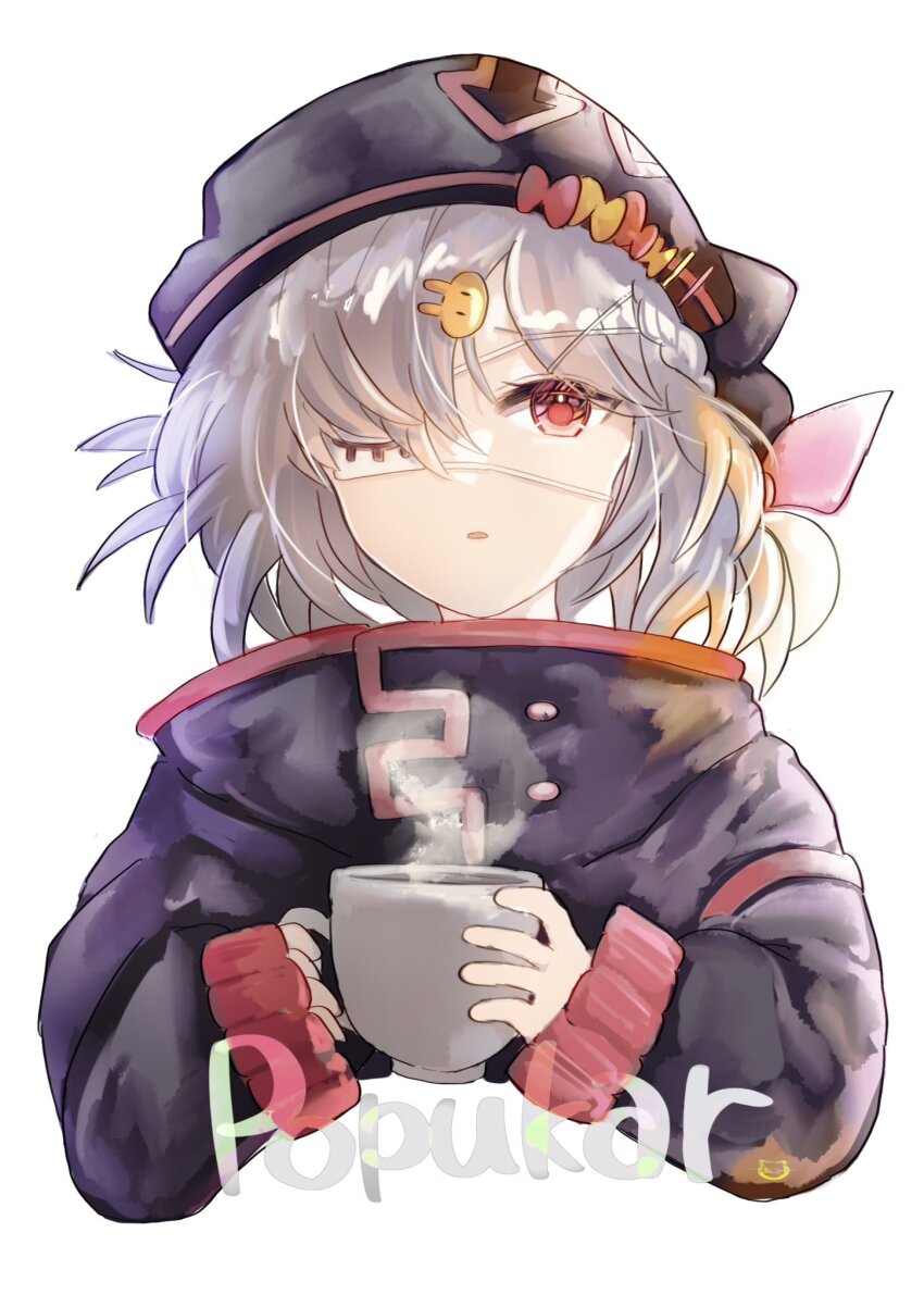 1girl animal_ears arknights black_jacket character_name eyepatch grey_hair hair_ornament hat highres holding hood jacket long_hair long_sleeves looking_at_viewer open_mouth popukar_(arknights) red_eyes short_hair simple_background solo tukaima white_background x_hair_ornament