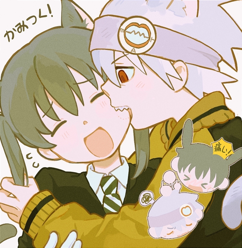 &gt;_&lt; 1boy 1girl anger_vein animal_ears bite_mark bite_mark_on_face biting biting_cheek black_jacket bonk closed_eyes collared_shirt commentary film_grain green_hair green_necktie grey_headband headband highres jacket kemonomimi_mode long_sleeves maka_albarn necktie open_mouth red_eyes rice_(somasuki_77) sharp_teeth shirt short_hair simple_background smile soul_eater soul_evans sweat teeth translation_request twintails white_background white_hair white_shirt