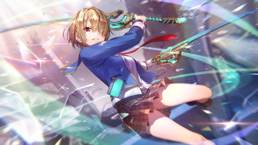 1girl blonde_hair broken_glass game_cg glass hair_over_one_eye heaven_burns_red holding holding_sword holding_weapon jacket kayamori_ruka necktie official_art red_hair shirt skirt solo sword teeth weapon white_shirt