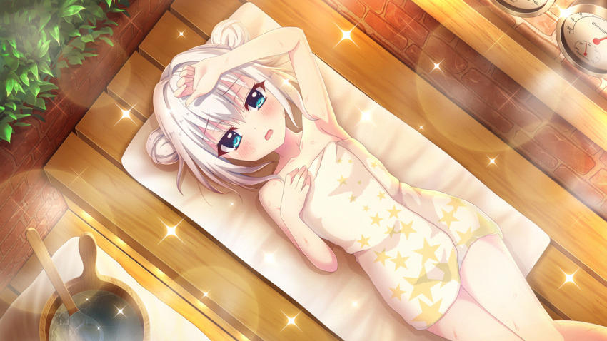 1girl armpits blue_eyes blush brick_wall bucket collarbone dot_nose double_bun film_grain from_above game_cg gauge hair_bun hand_on_own_chest hand_on_own_head hot indoors izumi_tsubasu lens_flare lying naked_towel nishidate_haku non-web_source official_art on_back on_bench open_mouth plant print_towel re:stage! sauna short_hair solo sparkle star_(symbol) star_print steam sweat towel very_sweaty white_hair
