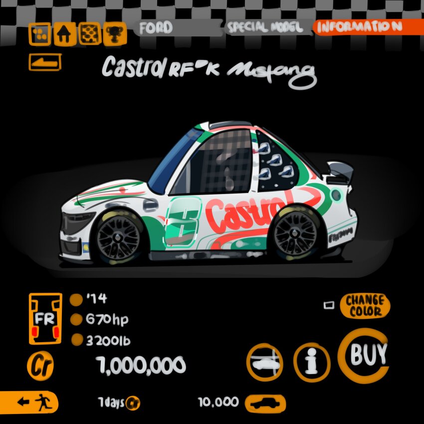 absurdres brad_keselowski car castrol character_select chibi commentary english_commentary ford ford_mustang ford_mustang_s650 from_side gran_turismo highres holeecrab motor_vehicle muscle_car nascar no_humans race_vehicle racecar shadow super_gt vehicle_focus