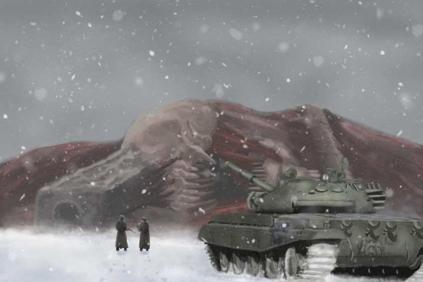 1other 2boys absurdres ak-47 assault_rifle budenovka chainsaw_man coat commentary english_commentary exposed_muscle greatcoat gun gun_devil_(chainsaw_man) handgun hat highres jacket kalashnikov_rifle military military_coat military_hat military_uniform military_vehicle monster motor_vehicle multiple_boys padded_jacket rifle snow soldier soviet soviet_army sun20021109 tank telogreika weapon