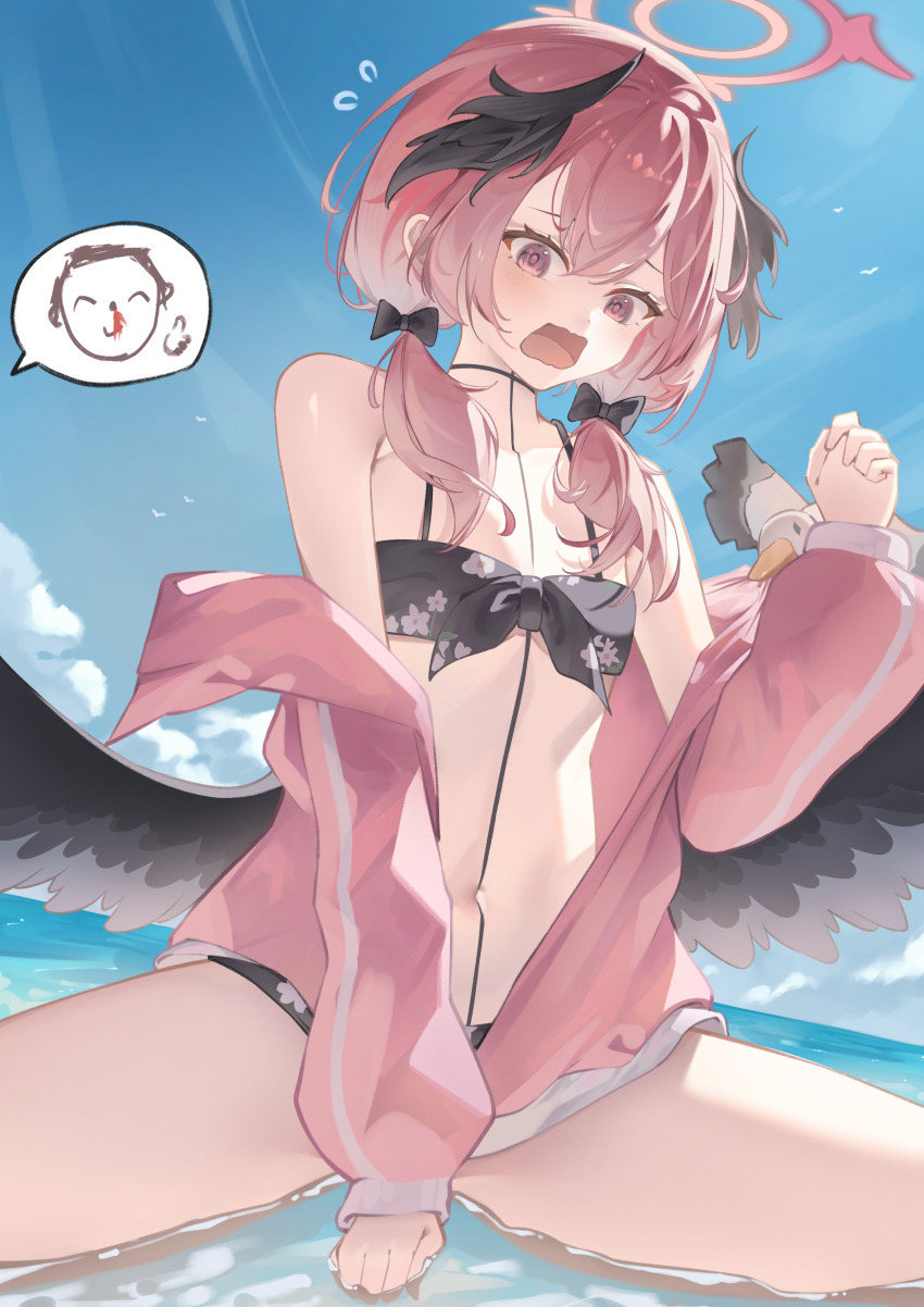 1boy 1girl absurdres black_wings blood blue_archive doodle_sensei_(blue_archive) halo highres koharu_(blue_archive) koharu_(swimsuit)_(blue_archive) looking_down miku_rasha nosebleed ocean open_mouth pink_hair pink_halo sensei_(blue_archive) sitting solo_focus swimsuit water wings