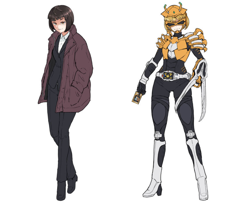 2girls armor belt black_bodysuit black_jacket black_pants black_shoes blonde_hair bob_cut bodysuit boots brown_coat brown_hair card closed_mouth coat collared_shirt commentary dual_persona eidenjyou1997 full_body genderswap genderswap_(mtf) goggles grey_boots hands_in_pockets high_heel_boots high_heels holding holding_card jacket kamen_rider kamen_rider_ryuki_(series) kamen_rider_scissors knee_boots looking_at_viewer multiple_girls open_clothes open_coat orange_armor pants rider-tan rider_belt scissorsvisor shirt shoes short_hair simple_background smirk standing sudou_masashi v_buckle white_background white_shirt yellow_eyes