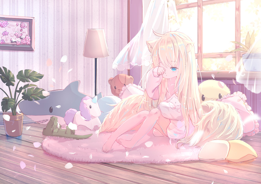 1girl absurdres ahoge animal_ear_fluff animal_ears bare_legs barefoot blonde_hair blue_eyes blush cat_ears cat_girl cat_tail closed_mouth commentary_request curtains floor_lamp frilled_pillow frills hand_up highres indoors knees_up lamp long_hair long_sleeves looking_at_viewer multiple_tails original peas_(peas0125) pillow plant potted_plant puffy_long_sleeves puffy_sleeves rubbing_eyes rug shirt sleeves_past_wrists solo stuffed_animal stuffed_bird stuffed_cat stuffed_crocodile stuffed_shark stuffed_toy stuffed_unicorn tail teddy_bear transparent two_tails very_long_hair white_shirt window wooden_floor