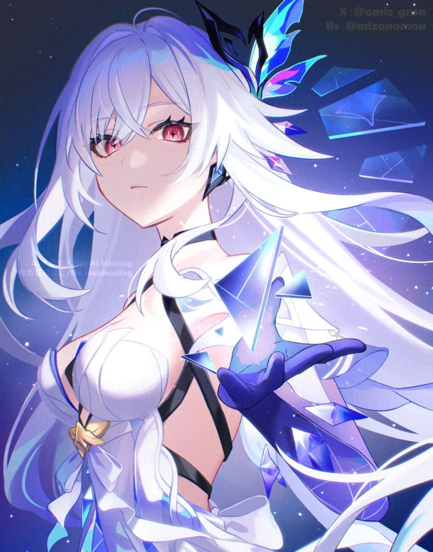 1girl breasts crossed_bangs crystal dress expressionless floating floating_object genshin_impact glass_shards hair_between_eyes hair_ornament highres large_breasts long_hair looking_at_viewer miz_(mi) object_floating_above_hand open_hand prosthesis prosthetic_arm red_eyes shards skirk_(genshin_impact) upper_body white_dress white_hair