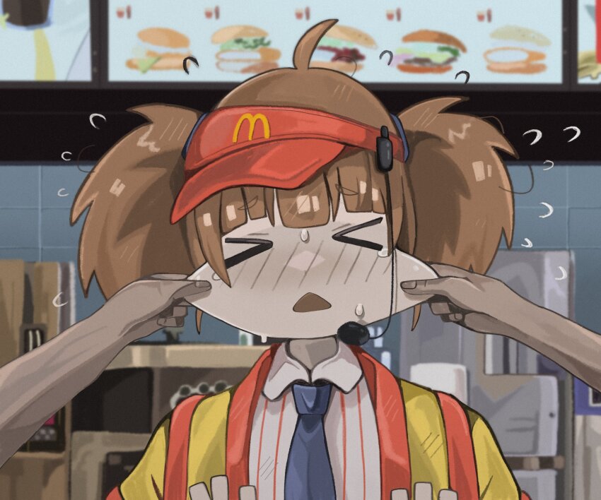 &gt;_&lt; 1boy 1girl absurdres ahoge black_necktie blush brown_hair cheek_pinching cheek_pull collared_shirt d: dx flying_sweatdrops happi headset highres imadake_dabuchi_tabemi japanese_clothes mcdonald&#039;s menu naaga_sonomono necktie open_mouth pinching pinstripe_pattern pinstripe_shirt pov pov_hands restaurant shirt solo_focus sweat twintails visor_cap
