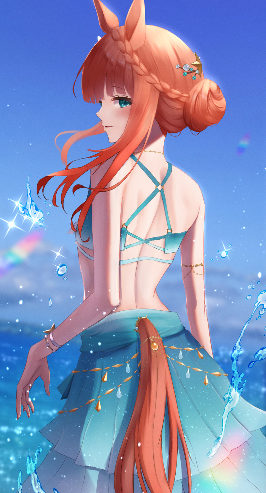 1girl absurdres animal_ears aqua_bikini aqua_sarong bare_shoulders basil_yuzune bikini blue_eyes blue_sky braid closed_mouth cloud cloudy_sky commentary_request cowboy_shot crown_braid day from_behind highres horse_ears horse_girl horse_tail looking_at_viewer looking_back nail_polish nape official_alternate_costume official_alternate_hairstyle orange_hair outdoors sarong short_hair silence_suzuka_(emerald_on_the_waves)_(umamusume) silence_suzuka_(umamusume) sky smile solo swimsuit tail thigh_strap umamusume