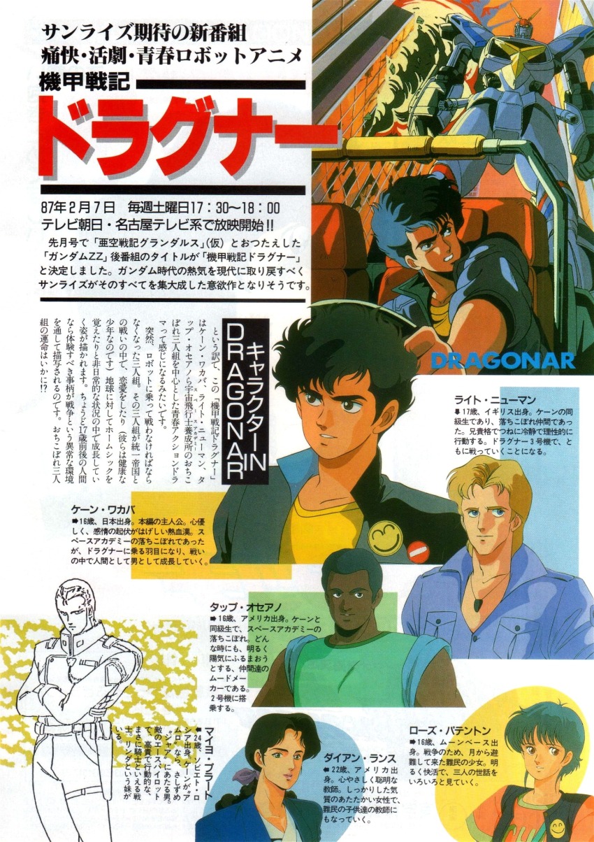 1980s_(style) 2girls 4boys artist_request belt black_hair blonde_hair blue_hair car character_request commentary d-1 dark_skin diane_lance dual_persona english_commentary hair_ribbon highres holster jacket kaine_wakaba key_visual kikou_senki_dragonar light_newman looking_at_viewer magazine_scan mecha military military_uniform motor_vehicle mullet multiple_boys multiple_girls official_art oldschool out_(magazine) ponytail promotional_art retro_artstyle ribbon robot rose_patterson scan science_fiction smiley_face smoke tapp_oceano traditional_media translation_request