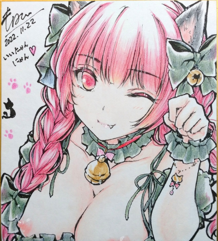 1girl alternate_costume animal_ears bell bow braid breasts cat_ears choker cleavage closed_mouth commentary_request dated dress fang fang_out frilled_choker frills green_bow green_dress hair_bell hair_bow hair_ornament heart highres jingle_bell kaenbyou_rin large_breasts light_blush looking_at_viewer monety multiple_hair_bows neck_bell nipples one_eye_closed paw_pose paw_print red_eyes red_hair shikishi short_sleeves signature smile solo touhou traditional_media translation_request twin_braids wrist_cuffs