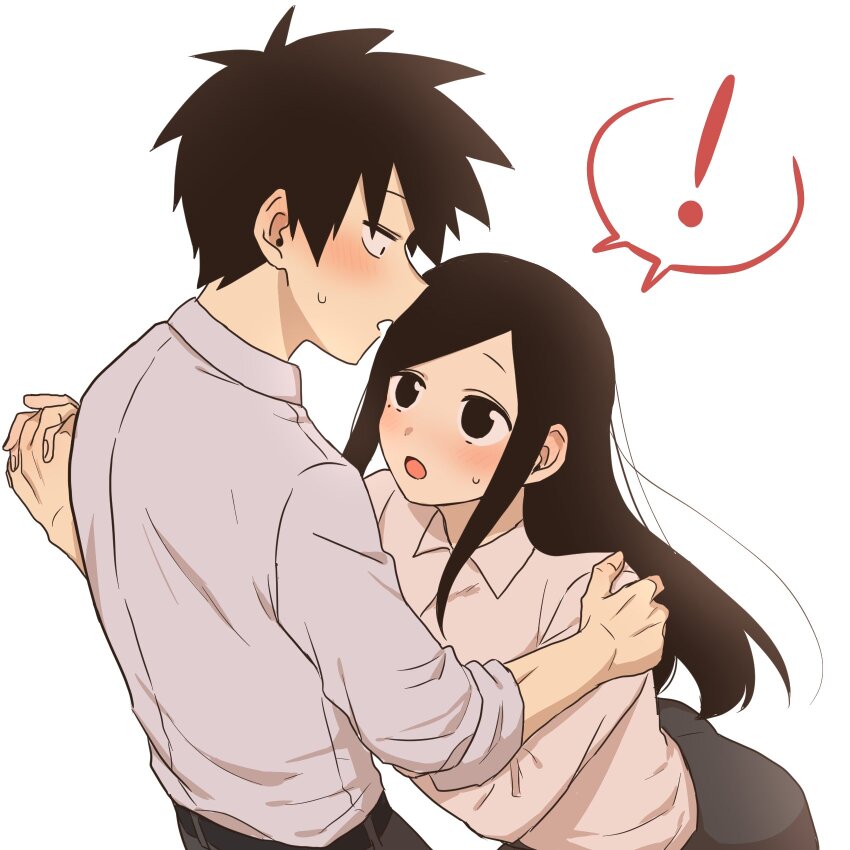 ! 1boy 1girl :o belt black_belt black_eyes black_hair blush collared_shirt commentary_request eye_contact grabbing_another&#039;s_arm hetero highres holding_hands ichihara_naga jitome kazama_souta long_hair looking_at_another looking_down looking_up mole mole_under_eye open_mouth raised_eyebrows sakurai_touko senpai_ga_uzai_kouhai_no_hanashi shared_speech_bubble shirt sidelocks simple_background sleeves_rolled_up small_pupils small_sweatdrop speech_bubble spoken_exclamation_mark surprised tripping white_background white_shirt wing_collar