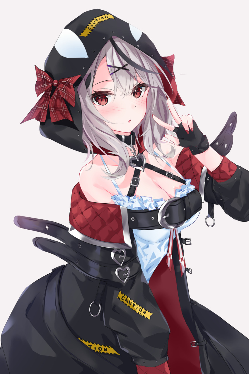 :o animal_hood bad_id bad_pixiv_id bare_shoulders belt belt_buckle black_choker black_hair black_jacket blush bow breasts buckle camisole caution choker cleavage commentary eyes_visible_through_hair fingerless_gloves gloves highres hololive hood jacket large_breasts medium_hair multicolored_hair nerusu off-shoulder_jacket off_shoulder orca_hood red_eyes sakamata_chloe silver_hair solo streaked_hair symbol-only_commentary virtual_youtuber w white_background white_camisole