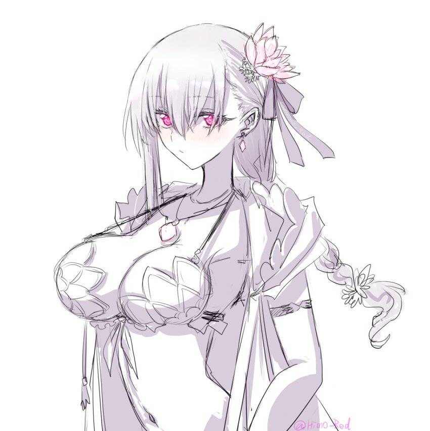 1girl breasts cleavage fate/grand_order fate_(series) highres himo jewelry kama_(fate) kama_(swimsuit_avenger)_(fate) kama_(swimsuit_avenger)_(second_ascension)_(fate) large_breasts looking_at_viewer navel necklace pink_eyes simple_background sketch solo upper_body white_background