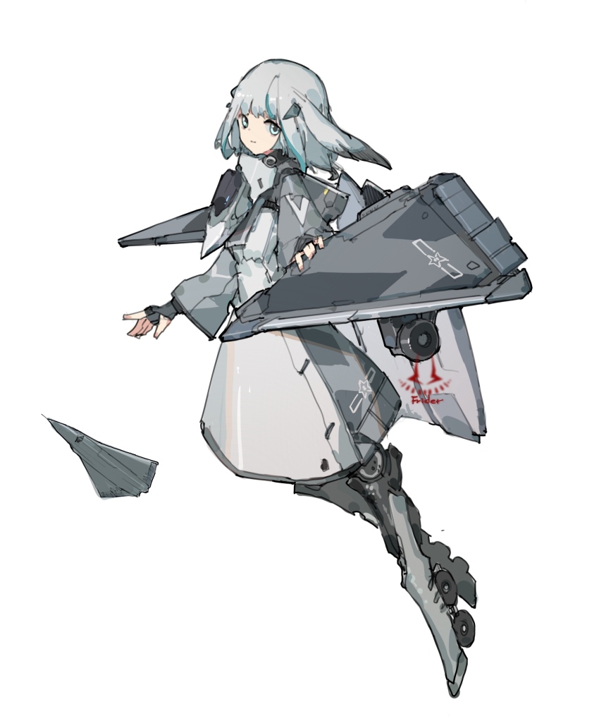 1girl aircraft airplane chengdu_j-36 dress fighter_jet frider grey_dress grey_hair highres landing_gear looking_at_viewer mecha_musume mechanical_legs military_vehicle people&#039;s_liberation_army people&#039;s_liberation_army_air_force personification solo tachi-e war_thunder white_background