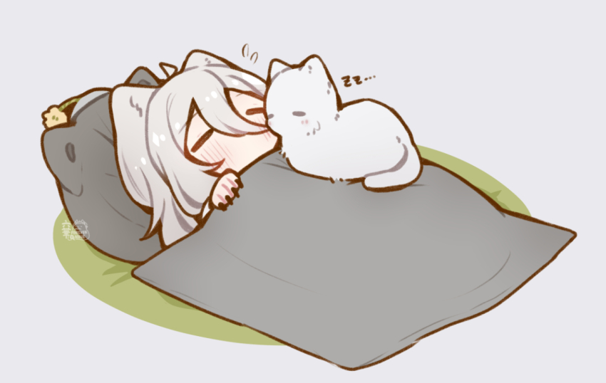 1girl =_= animal_ears cat_on_chest character_pillow chibi chibi_only closed_eyes double-parted_bangs flying_sweatdrops forever9nine grey_hair hair_between_eyes hololive lion_ears long_hair long_hair_between_eyes shishiro_botan solo ssrb_(shishiro_botan) virtual_youtuber zzz