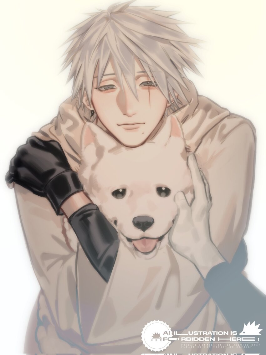 2boys animal animal_hug black_gloves closed_mouth colored_skin dog eluspac_maru fingerless_gloves gloves grey_hair hair_between_eyes hashtag-only_commentary hatake_kakashi highres long_sleeves looking_at_viewer male_focus mole mole_under_mouth multiple_boys naruto_(series) naruto_shippuuden petting scar scar_across_eye scar_on_face short_hair uchiha_obito white_dog white_skin wide_sleeves