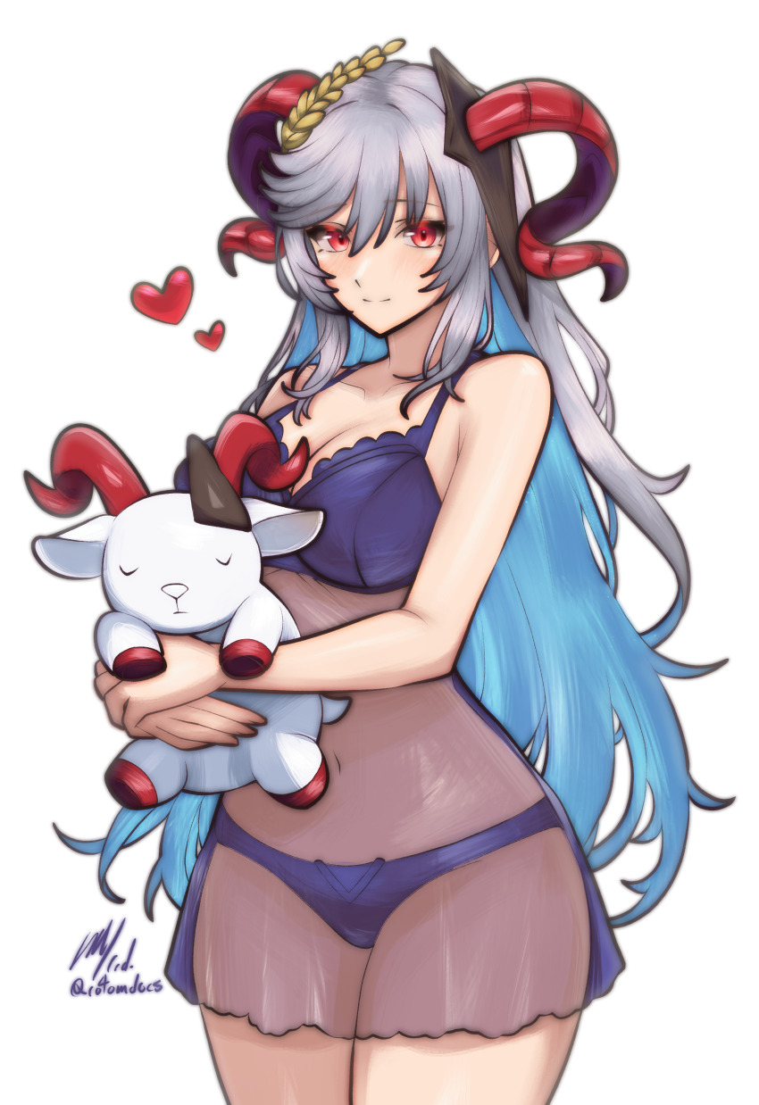 1girl absurdres babydoll blue_bra blue_panties blush bra breasts cleavage closed_mouth curled_horns fire_emblem fire_emblem_heroes freyja_(fire_emblem) goat_horns grey_hair hair_ornament highres horns hugging_doll hugging_object large_breasts long_hair looking_at_viewer multicolored_hair nintendo panties red_eyes red_horns rotomdocs second-party_source see-through_babydoll see-through_clothes smile solo stuffed_goat thighs underwear