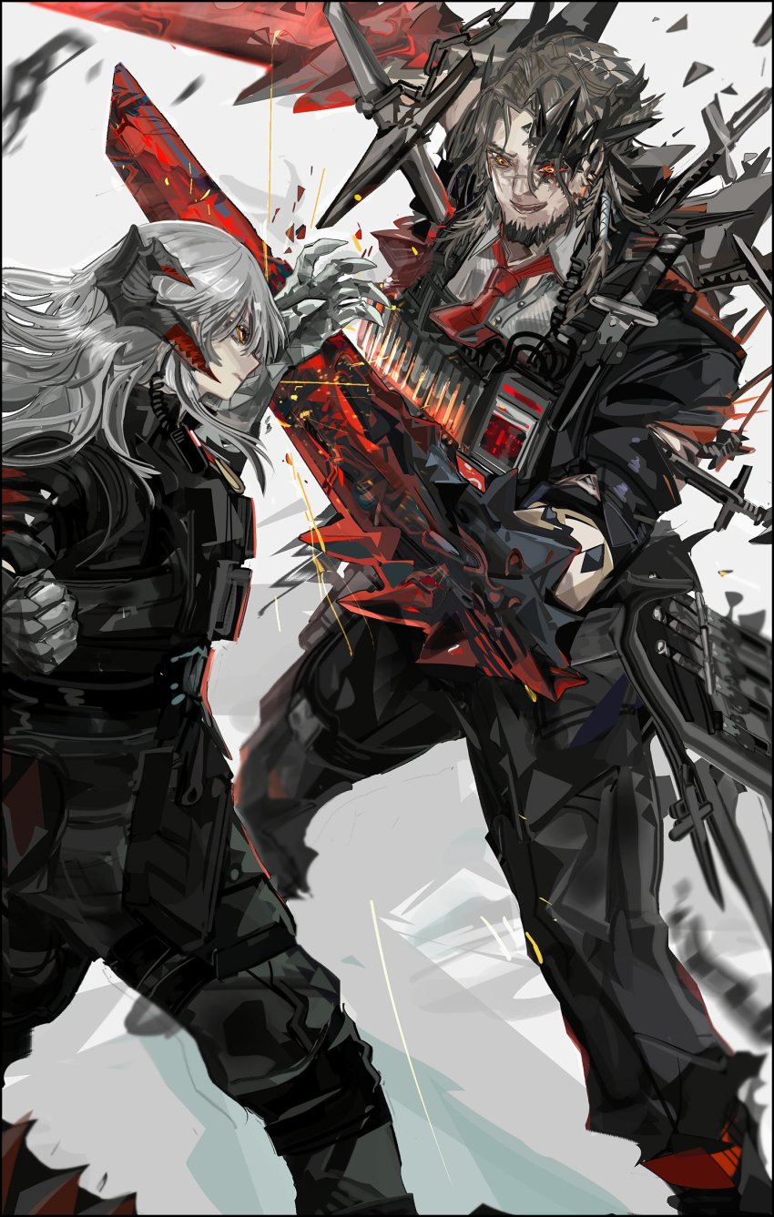 1boy 1girl arknights battle beard black_border black_pants black_shirt border brown_hair bulletproof_vest chain claws closed_mouth collared_shirt commentary debris dragon_horns duel english_commentary facial_hair glaring grey_background highres horns jesselton_williams_(arknights) knife legs_apart long_hair looking_at_another material_growth necktie nslacka official_alternate_costume open_mouth orange_eyes originium_arts_(arknights) oripathy_lesion_(arknights) pants profile red_neckwear saria_(arknights) saria_(the_law)_(arknights) scar scar_on_face scar_on_nose shirt silver_hair sleeves_rolled_up standing tactical_clothes walkie-talkie