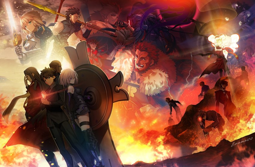aora arm_behind_back armor artoria_pendragon_(fate) assassin_(fate/zero) beard berserker_(fate/zero) command_spell cross cross_necklace crown darius_iii_(fate) diarmuid_ua_duibhne_(fate) diarmuid_ua_duibhne_(lancer)_(fate) dress_of_heaven emiya_kiritsugu emiya_kiritsugu_(assassin) facial_hair fate/grand_order fate/zero fate_(series) fire formal_clothes fujimaru_ritsuka_(male) fujimaru_ritsuka_(male)_(royal_brand) fur-trimmed_collar fur_trim gilgamesh_(fate) gilles_de_rais_(caster)_(fate) gilles_de_rais_(fate) gold_armor highres irisviel_von_einzbern irisviel_von_einzbern_(caster) iskandar_(fate) jewelry kayneth_el-melloi_archibald kotomine_kirei kotomine_kirei_(fate/zero) lightning lord_el-melloi_ii mash_kyrielight matou_kariya matou_zouken necklace on_rock over_shoulder polearm ponytail rock saber_(fate) scarf shield signature sitting spear suit sword tohsaka_tokiomi uryuu_ryuunosuke waver_velvet weapon weapon_over_shoulder