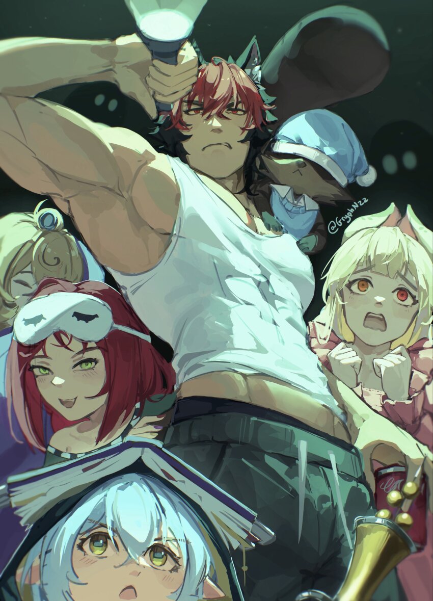 1boy 1other 4girls absurdres alice_thymefield animal animal_ear_fluff animal_ears animal_on_shoulder armpits black_hair blonde_hair blue_hair blue_hat blue_pajamas blush book book_on_head can closed_eyes collarbone commentary dog_boy dog_ears english_commentary fang flashlight frilled_pajamas frills from_below goat goat_girl green_eyes green_pajamas green_pants gryphnzz hair_between_eyes hand_on_another&#039;s_waist hat heterochromia hiding hiding_behind_another highres holding holding_can holding_flashlight holding_staff horizontal_pupils kamanosuke_(zenless_zone_zero) komano_manato long_hair looking_up lucia_elowen mask mask_on_head multicolored_hair multicolored_nails multiple_girls muscular muscular_male object_on_head off-shoulder_shirt off_shoulder open_mouth pajamas pants pectorals pink_pajamas pointy_ears rabbit_ears rabbit_girl raccoon red_eyes red_hair scared shirt short_hair sleep_mask soda staff tank_top tanuki twitter_username ukinami_yuzuha white_shirt yellow_eyes yidhari_murphy zenless_zone_zero