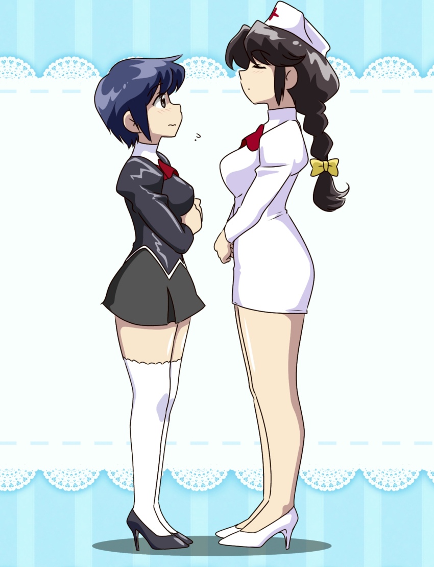 2girls absurdres agent_aika aika_(series) black_delmo black_hair blue_hair blush braid braided_ponytail breasts brown_eyes closed_eyes closed_mouth delmogeny_uniform hat highres kuroyoshi long_hair looking_at_another medium_breasts miniskirt multiple_girls nurse nurse_cap short_hair skirt thighhighs white_thighhighs