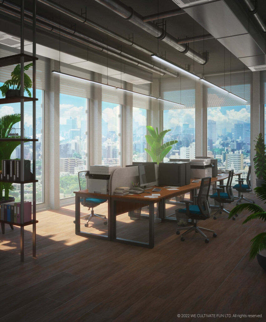 2022 3d vent_(object) artist_name bookshelf ceiling ceiling_light chair city cityscape copyright_notice day highres indoors industrial_pipe interior computer_keyboard monitor no_humans office office_chair original plant potted_plant printer scanner scenery shelf surafin swivel_chair table
