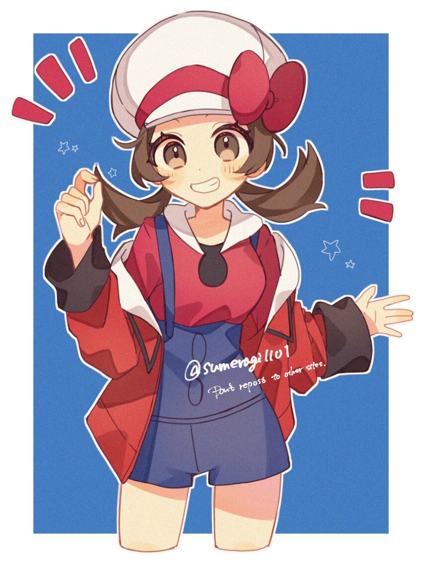 1girl blue_overalls blush bow brown_eyes brown_hair cabbie_hat hat hat_bow highres jacket long_hair lyra_(pokemon) nintendo open_clothes open_jacket overalls pokemon pokemon_hgss red_jacket red_shirt ribbon shirt smile sumeragi1101 teeth twintails white_hat