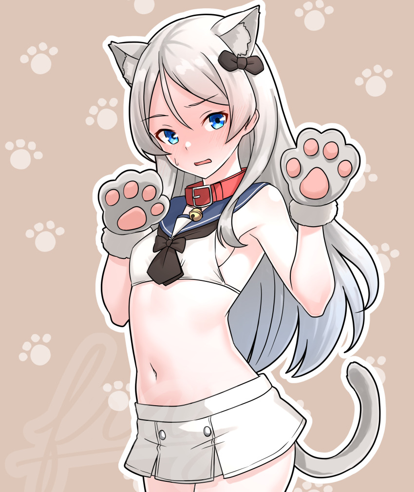 1girl absurdres animal_collar animal_ears animal_hands bikini bikini_skirt blue_eyes blue_sailor_collar breasts brown_background cat_ears cat_tail collar cowboy_shot extra_ears furaggu_(frag_0416) gloves grey_hair hair_between_eyes highres javelin_(kancolle) kantai_collection long_hair loose_hair_strand navel paw_gloves paw_pose paw_print paw_print_background sailor_bikini sailor_collar skirt small_breasts solo swimsuit tail white_bikini white_skirt