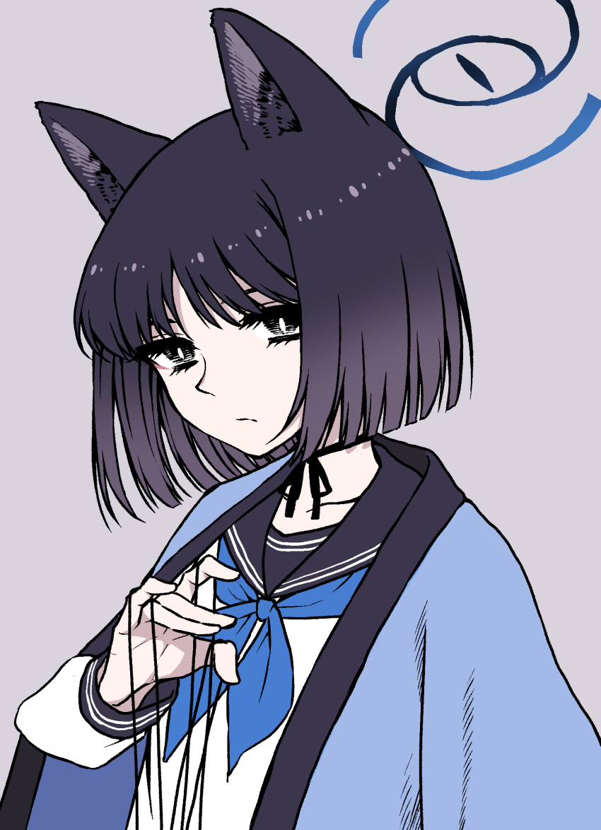 1girl animal_ears black_hair blue_archive cat&#039;s_cradle cat_ears expressionless grey_eyes halo haruhito_(divineshalt) highres kikyou_(blue_archive) kimono_on_shoulders looking_at_viewer school_uniform serafuku short_hair solo upper_body