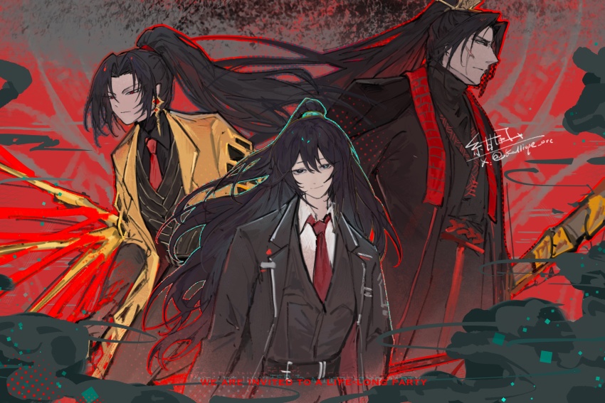 3boys absurdres belt black_coat black_eyes black_hair black_hanfu blood bloody_weapon blue_eyes blue_outline chinese_clothes coat collared_shirt contempt_awe_(e.g.o) curtained_hair e.g.o_(project_moon) earrings hair_flowing_over halftone hanfu heterochromia high_ponytail highres holding holding_staff hong_lu_(project_moon) jewelry jia_huan_(project_moon) jia_qiu_(project_moon) kalliope_orc lcb_uniform_(project_moon) limbus_company looking_at_viewer male_focus multiple_boys narrowed_eyes necktie outline ponytail project_moon red_eyes red_necktie red_outline red_scarf rope_belt scar scar_on_face scarf serious shirt smug staff upper_body weapon white_shirt yellow_coat