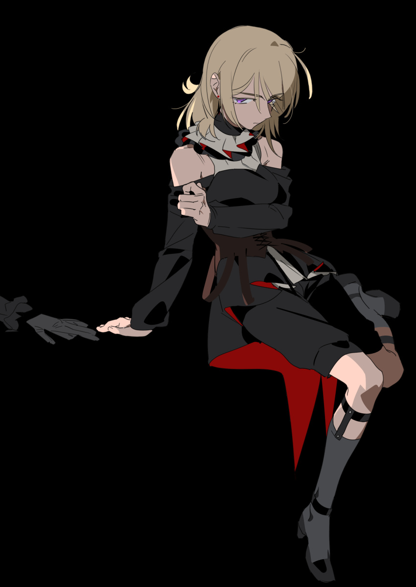 2girls absurdres bang_dream! bang_dream!_it&#039;s_mygo!!!!! black_background black_dress black_gloves blonde_hair brown_corset clothing_cutout commentary_request corset doloris_(bang_dream!) dress garter_straps gloves grey_socks hair_between_eyes highres invisible_chair kneehighs long_sleeves medium_hair misumi_uika molu_stranger multiple_girls oblivionis_(bang_dream!) purple_eyes shoulder_cutout simple_background sitting socks solo_focus togawa_sakiko