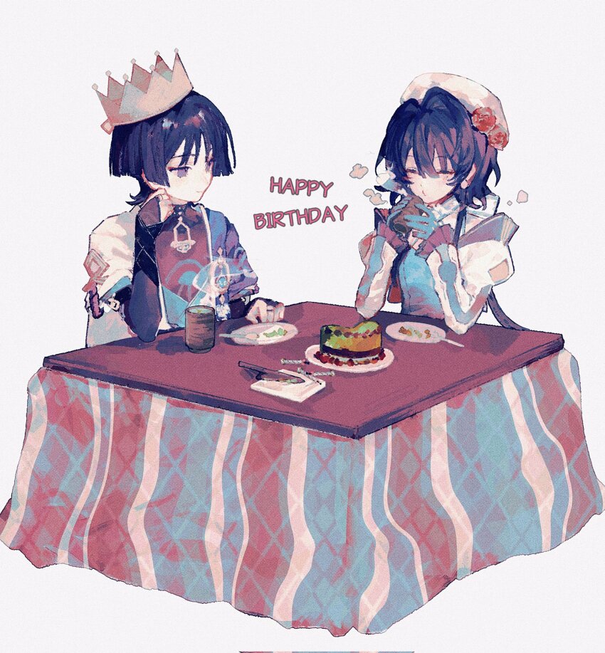 1boy 1girl alternate_headwear apron armor beret black_bodysuit black_bridal_gauntlets black_hair blue_apron blue_cape blue_gloves blue_kimono blue_sleeves blunt_ends bodysuit bridal_gauntlets cake candle cape closed_eyes closed_mouth crown cup curly_ends double_water_ss elbow_on_table elbow_rest eyeliner eyeshadow flower food frilled_sleeves frills genshin_impact gloves gold_crown gold_ring hair_flower hair_intakes hair_ornament hand_on_table hand_rest happy_birthday hat highres holding holding_cup japanese_armor japanese_clothes juban kimono kotatsu kote kurokote layered_sleeves long_sleeves looking_at_another makeup mandarin_collar middle_ring o3o open_clothes open_kimono original plate puffy_sleeves purple_eyes red_eyeliner red_eyeshadow red_flower scaramouche_(genshin_impact) short_sleeves sitting smile spoon table tea wanderer_(genshin_impact) white_hat white_kimono white_sleeves yunomi