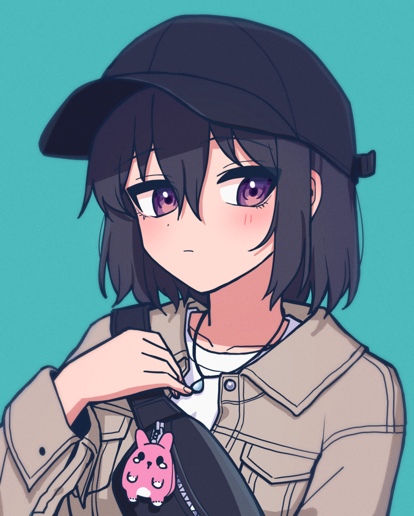 1girl bag_charm baseball_cap black_hair black_hat blue_background blush brown_jacket charm_(object) commentary hair_between_eyes hat highres jacket jewelry jin_(jinkwon1147) necklace original purple_eyes shirt short_hair solo upper_body white_shirt