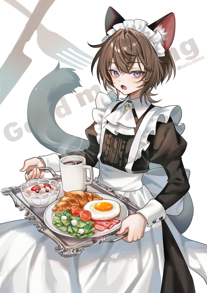 1boy absurdres animal_ear_fluff animal_ears apron ascot bacon black_dress blue_eyes blueberry brown_hair cat_boy cat_ears cat_tail center_frills commentary cowboy_shot croissant crossdressing cup dress english_text food fork fried_egg frilled_apron frills fruit highres holding holding_tray knife long_sleeves looking_at_viewer maid maid_headdress male_focus mug open_mouth original plate puffy_sleeves salad short_hair solo strawberry suzaku_(zaku6584) tail tomato tray white_apron white_ascot