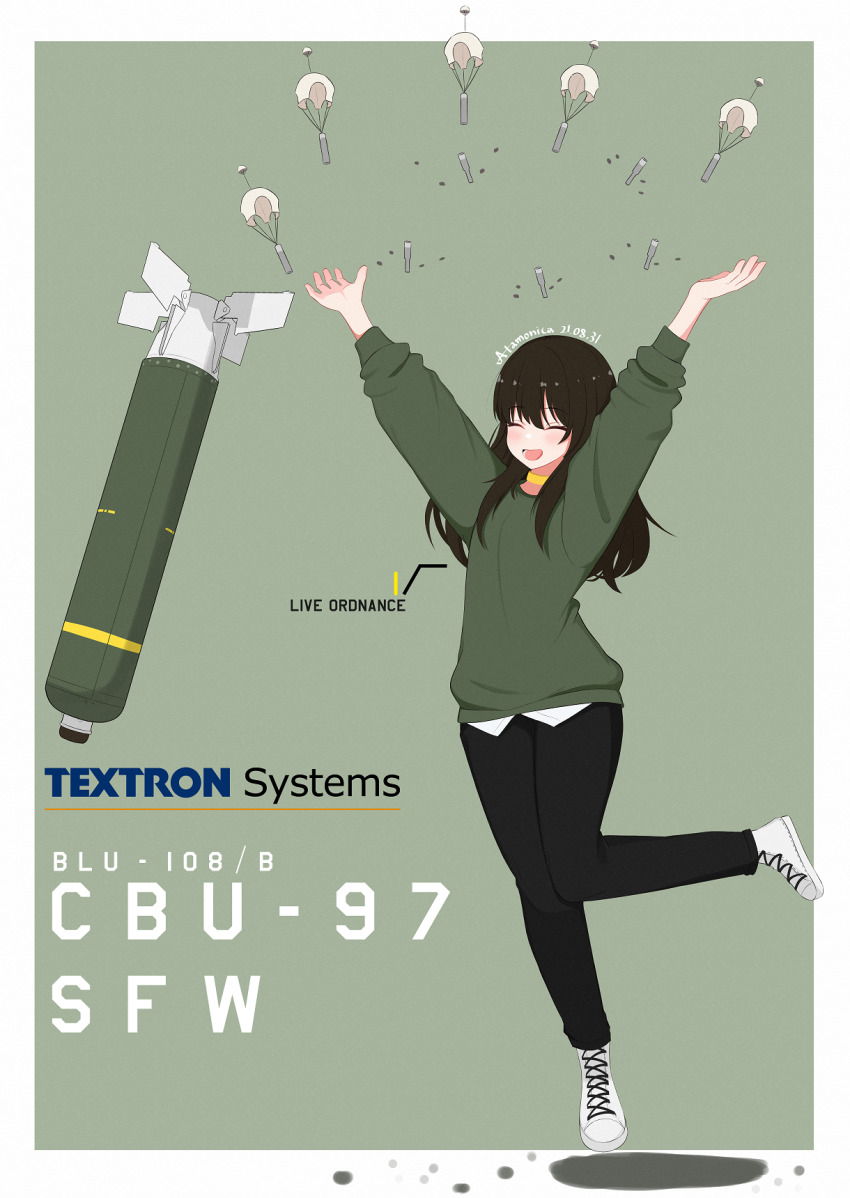 1girl ^_^ aerial_bomb artist_name atamonica black_hair blu-108 blush bomb bomblet cbu-105 cbu-97_sensor_fuzed_weapon closed_eyes cluster_bomb cluster_munition commentary dated english_commentary explosive explosively_formed_penetrator fragmentation_warhead guidance_kit guided_bomb highres inertia-guided_bomb inertia-guided_weapon infrared-guided_bomb jumping laser-guided_bomb lockheed_corporation lockheed_martin long_hair military original pants parachute personification precision-guided_munition satellite-guided_bomb satellite-guided_munition satellite-guided_weapon shaped_charge shoes smile sweater textron textron_defense_systems textron_systems wind_corrected_munitions_dispenser
