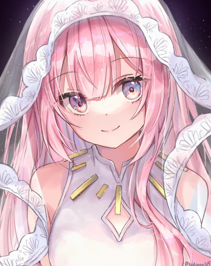 1girl bare_shoulders closed_mouth clothing_cutout commentary_request dress hair_between_eyes highres light_particles long_hair looking_at_viewer magical_mirai_luka magical_mirai_luka_(2021) megurine_luka multicolored_eyes noneon319 pink_hair purple_eyes signature sleeveless sleeveless_dress smile solo twitter_username upper_body veil vocaloid white_dress