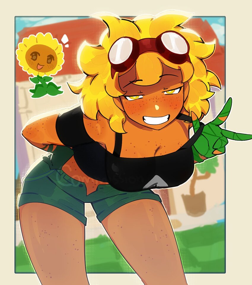 1girl bare_shoulders bent_over black_shirt blonde_hair blush body_freckles border clenched_teeth commentary commission crop_top dark-skinned_female dark_skin english_commentary firemauer flower freckles goggles green_shorts grin highres house naughty_face off-shoulder_shirt off_shoulder personification plants_vs._zombies plants_vs._zombies_heroes shirt short_hair shorts smile solar_flare_(plants_vs._zombies)_(peargor) standing strap_pull sunflower taped_fingers teeth white_border yellow_eyes