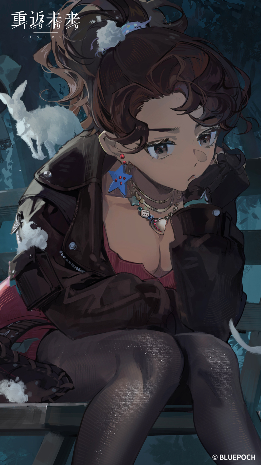 1girl :/ absurdres annoyed arm_on_thigh black_jacket black_pantyhose breasts brown_eyes brown_hair cleavage copyright_name copyright_notice cowboy_shot desert_flannel dress earrings elbow_rest foam hand_on_own_face head_rest high_ponytail highres jacket jewelry kangaroo leather leather_jacket logo looking_down necklace night official_art official_wallpaper on_bench outdoors pantyhose pencil_dress pink_dress ponytail reverse:1999 shell shell_necklace short_dress short_hair sitting solo star_(symbol) star_earrings tree v-shaped_eyebrows