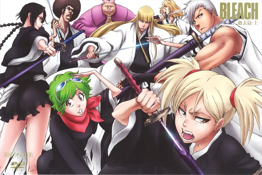 3girls 5boys afro aikawa_love ass biceps black_hair bleach blonde_hair braid breasts facial_hair freckles glasses hirako_shinji holding holding_sword holding_weapon japanese_clothes kuna_mashiro long_hair mask muguruma_kensei multiple_boys multiple_girls muscular mustache official_art ootoribashi_roujuurou salute sarugaki_hiyori short_hair sunglasses sword twin_braids twintails ushouda_hachigen weapon yadoumaru_lisa