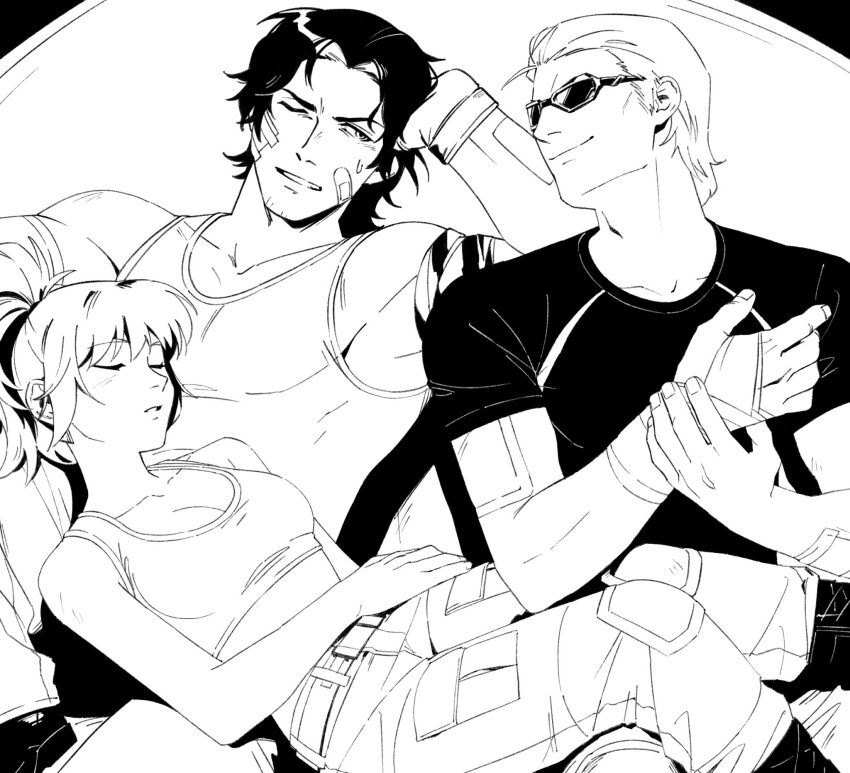 00a3af_231 1girl 2boys bandages bandaid bandaid_on_cheek bandaid_on_face breasts clark_still closed_eyes greyscale highres ikari_warriors leona_heidern mature_male monochrome multiple_boys one_eye_closed ponytail ralf_jones sleeping sleeping_on_person sunglasses tank_top the_king_of_fighters