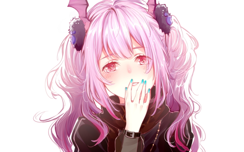1girl arknights arm_belt belt belt_buckle black_belt blue_nails blush buckle collar hair_ornament highres long_hair long_sleeves looking_at_viewer manticore_(arknights) manticore_(invisible_dirge)_(arknights) nail_polish official_alternate_costume open_mouth pink_eyes pink_hair sidelocks simple_background solo stepcacc upper_body wavy_mouth white_background